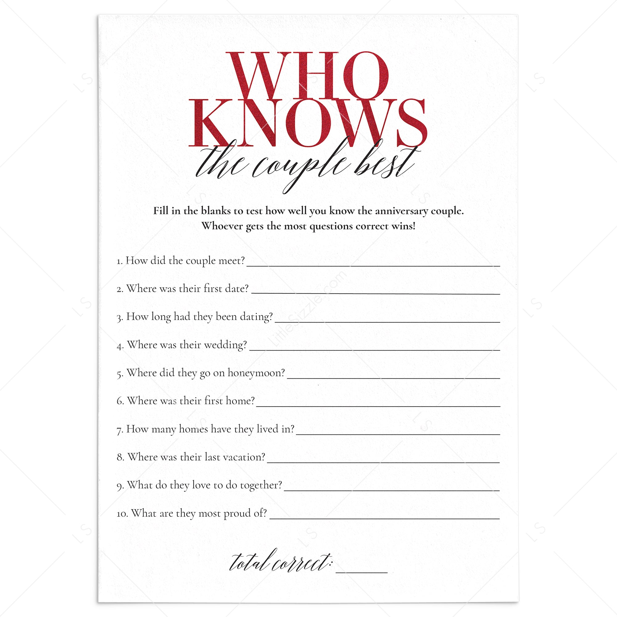 40th Anniversary Party Game Who Knows The Couple Best Printable by LittleSizzle