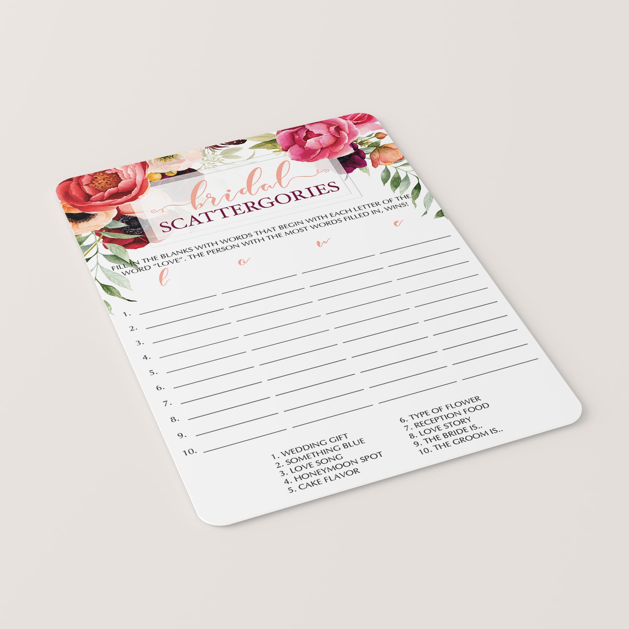 Pink and red bridal shower game scattergories printable by LittleSizzle