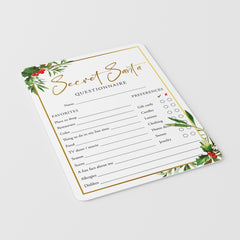 Secret Santa Questions Form for Adults Printable