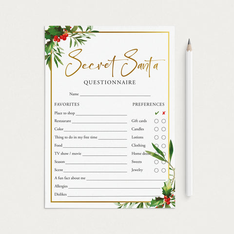 Secret Santa Questions Form for Adults Printable | Holiday Gift ...