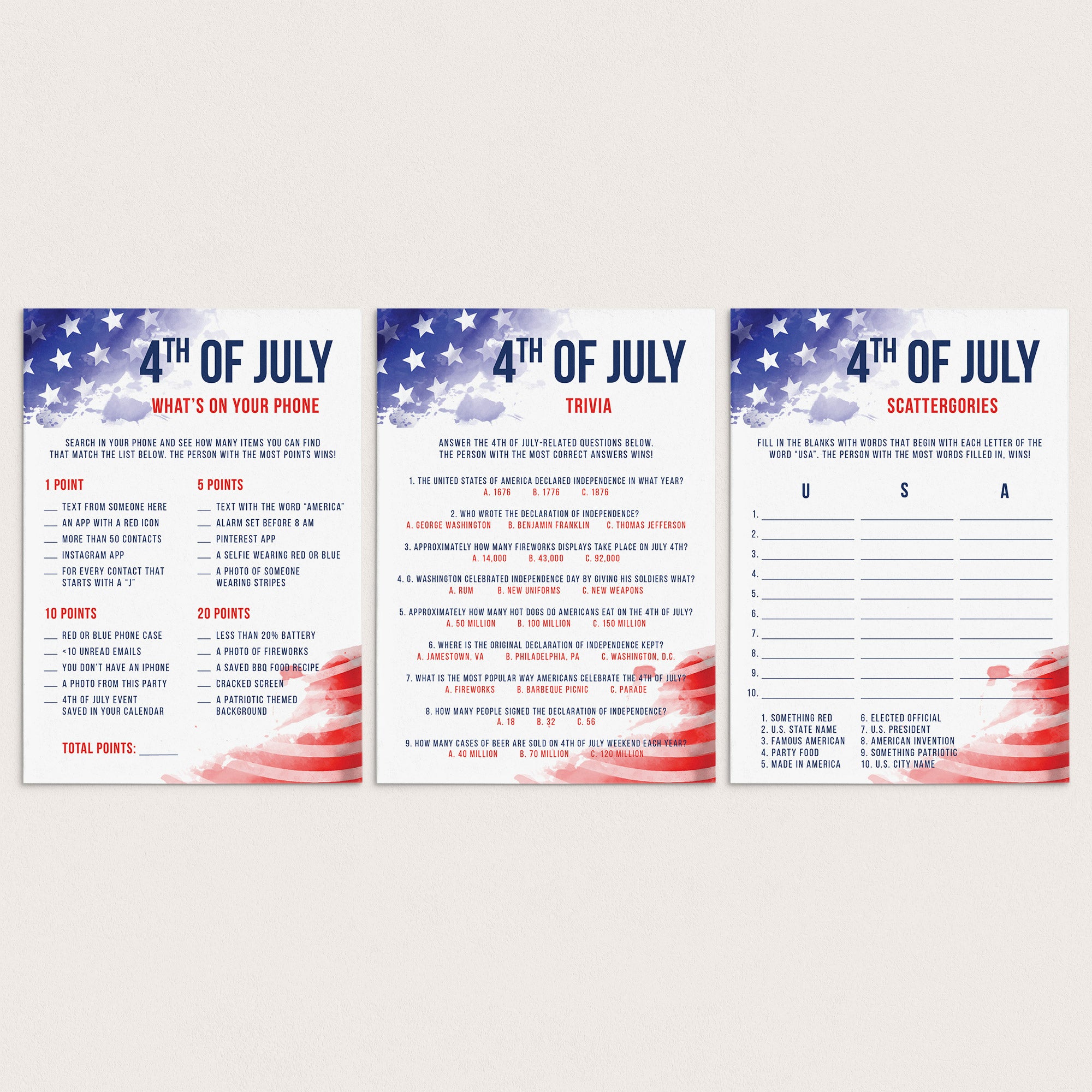 Printable 4th of July Party Games Red White and Blue by LittleSizzle