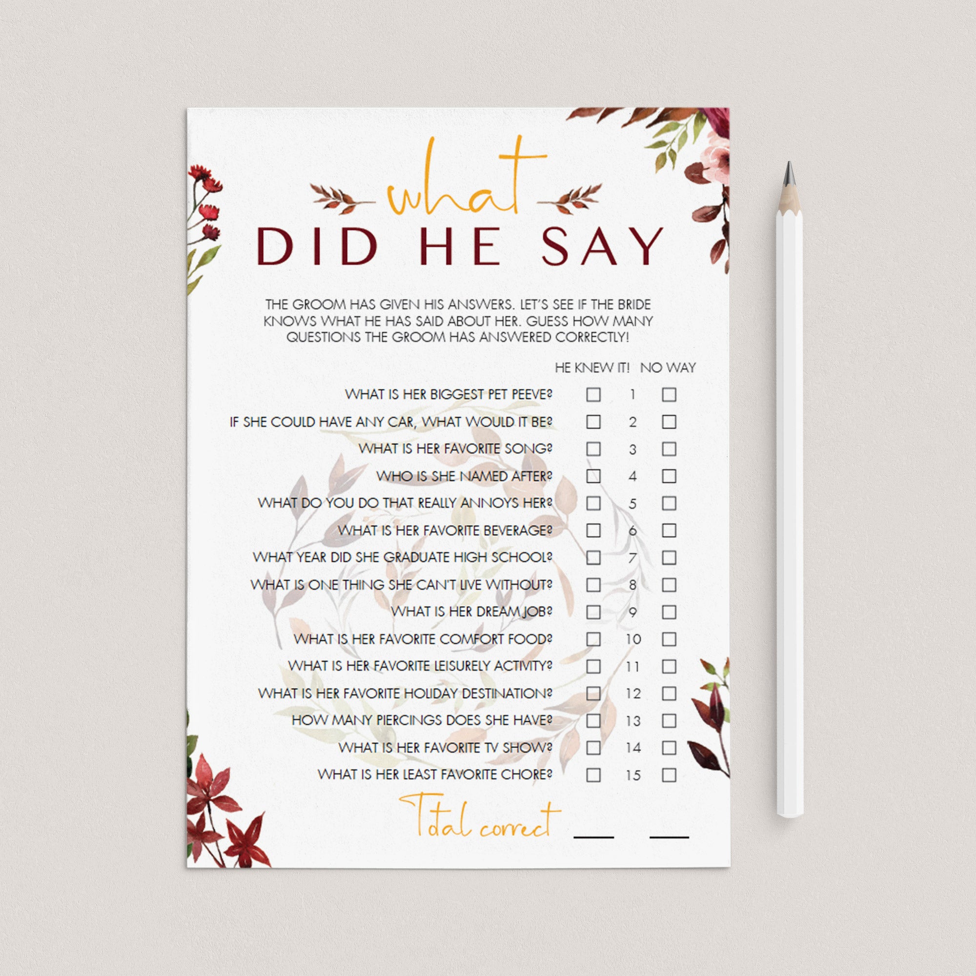 Fall Wedding Shower Game What Did He Say Editable Template by LittleSizzle