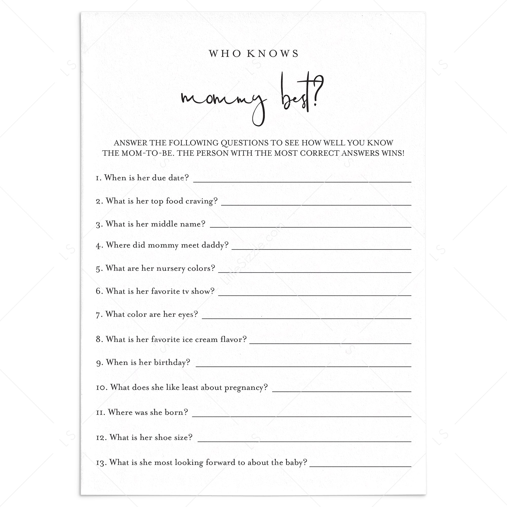 Who Knows Mommy Best Game Printable Minimalist by LittleSizzle