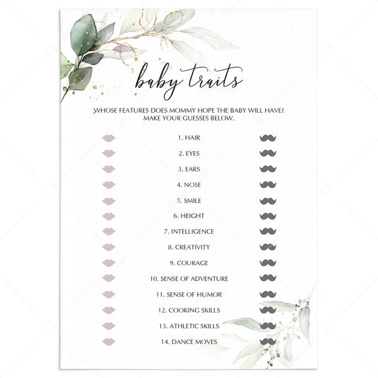 Gold and Greenery Theme Baby Shower Game Baby Traits Printable by LittleSizzle