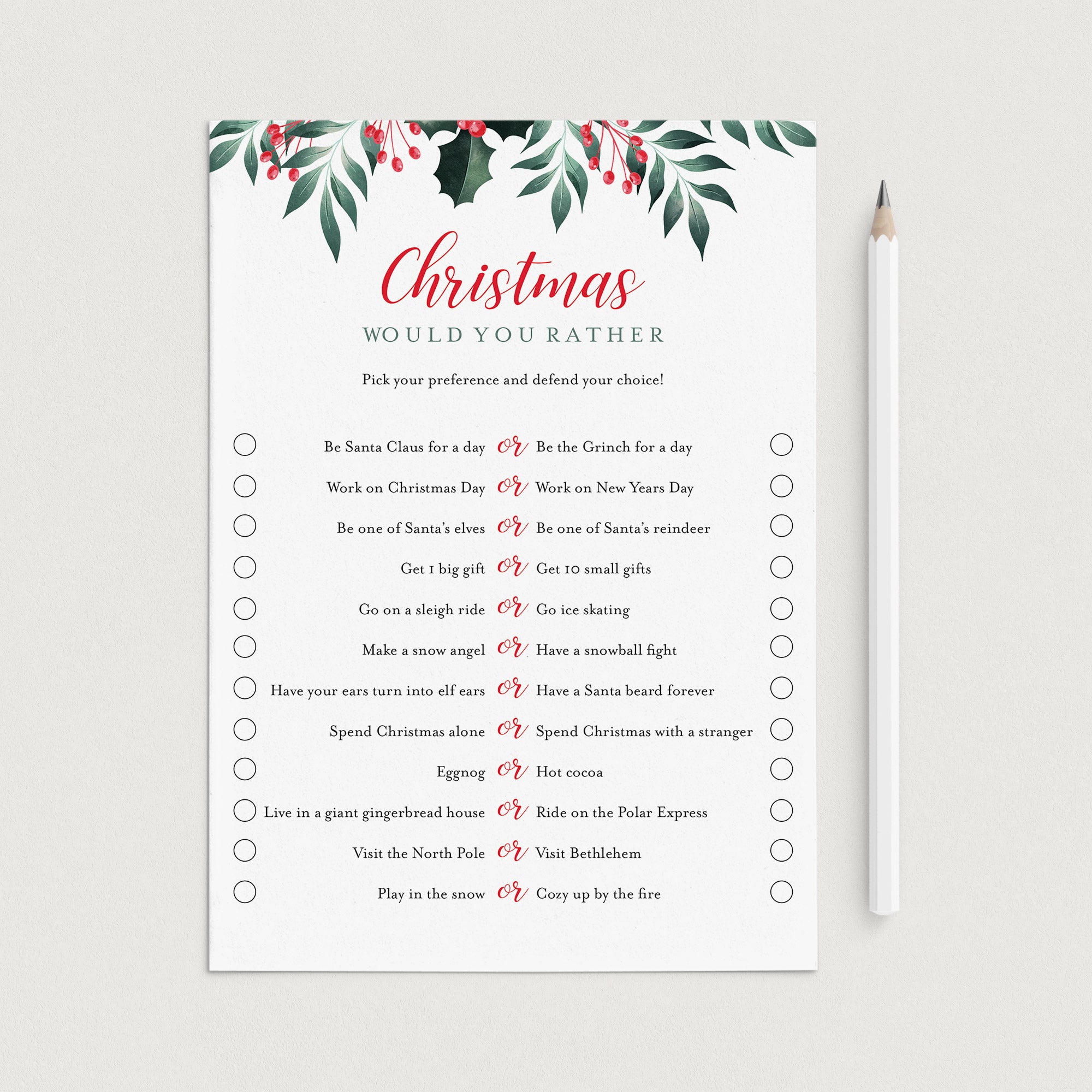 Would You Rather Christmas Party Game Printable by LittleSizzle